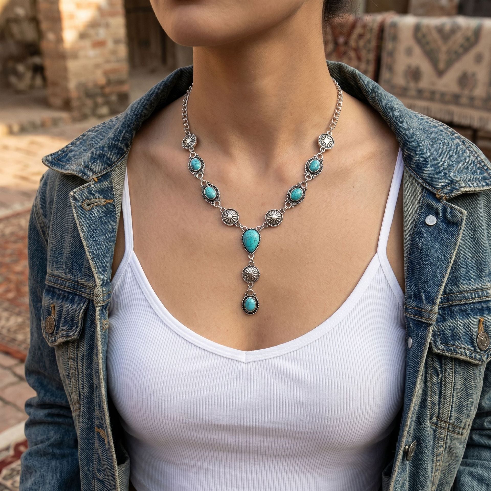 Wholesale Ethnic Turquoise Drop Y Shaped Necklace Vintage Carved Bracelet Jewelry Set Antique Silver Finish Fashion Gift For Resale