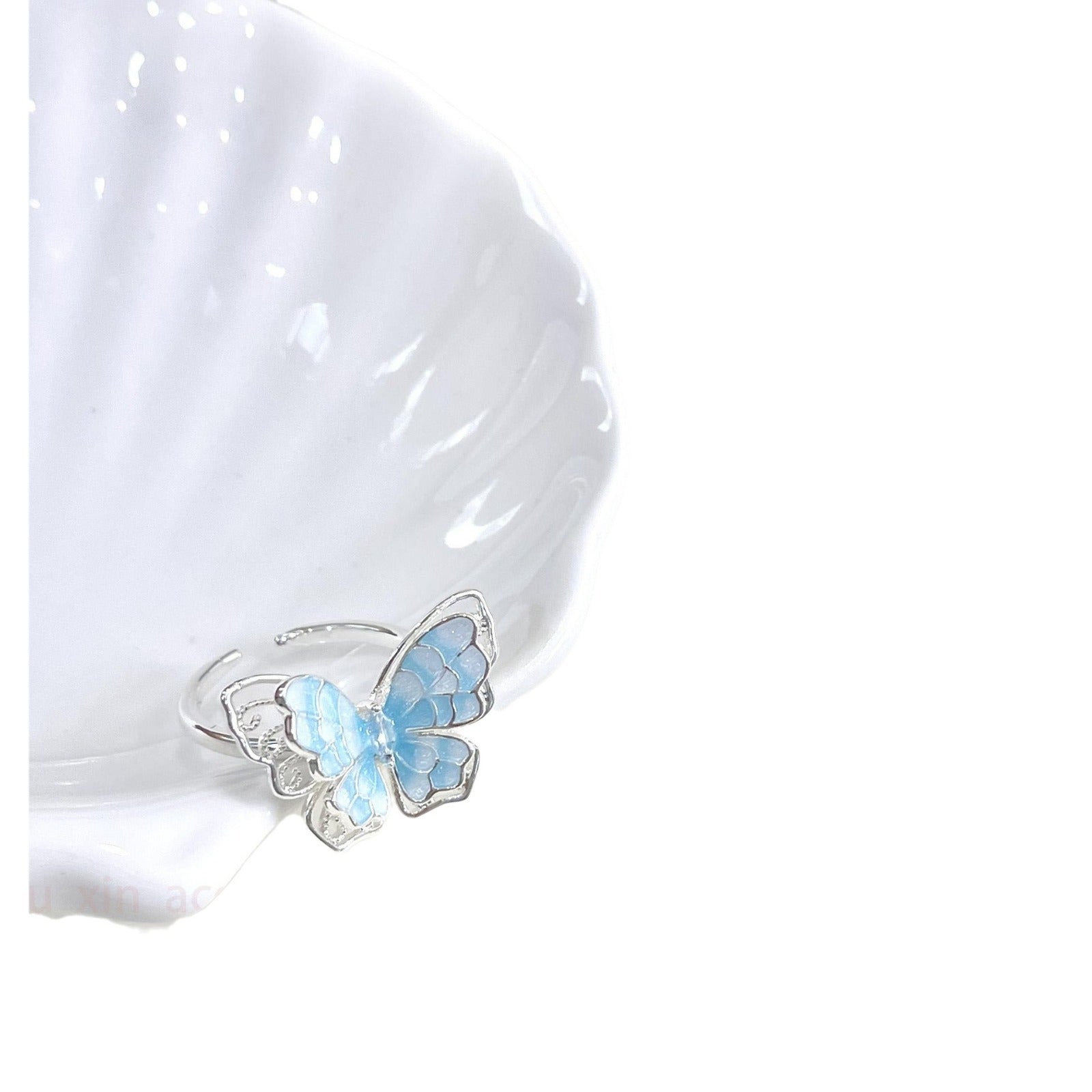 Wholesale  gradient blue and white double-layer hollow butterfly ring