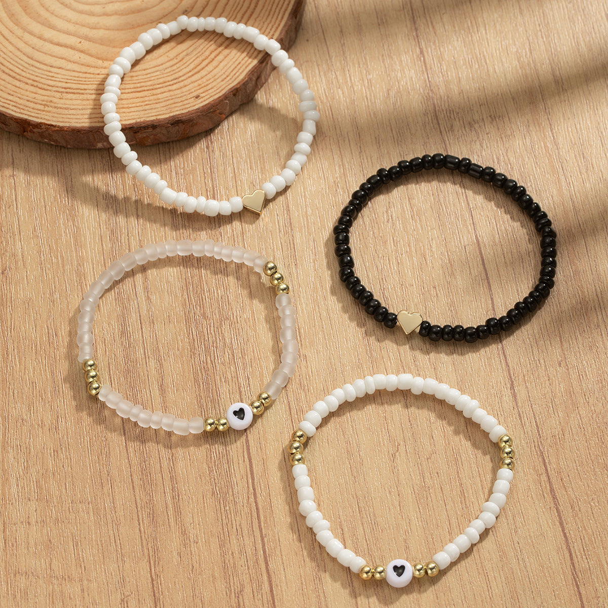 Wholesale Love Black and White Rice Beads Gold Beaded Elastic Women's Bracelet