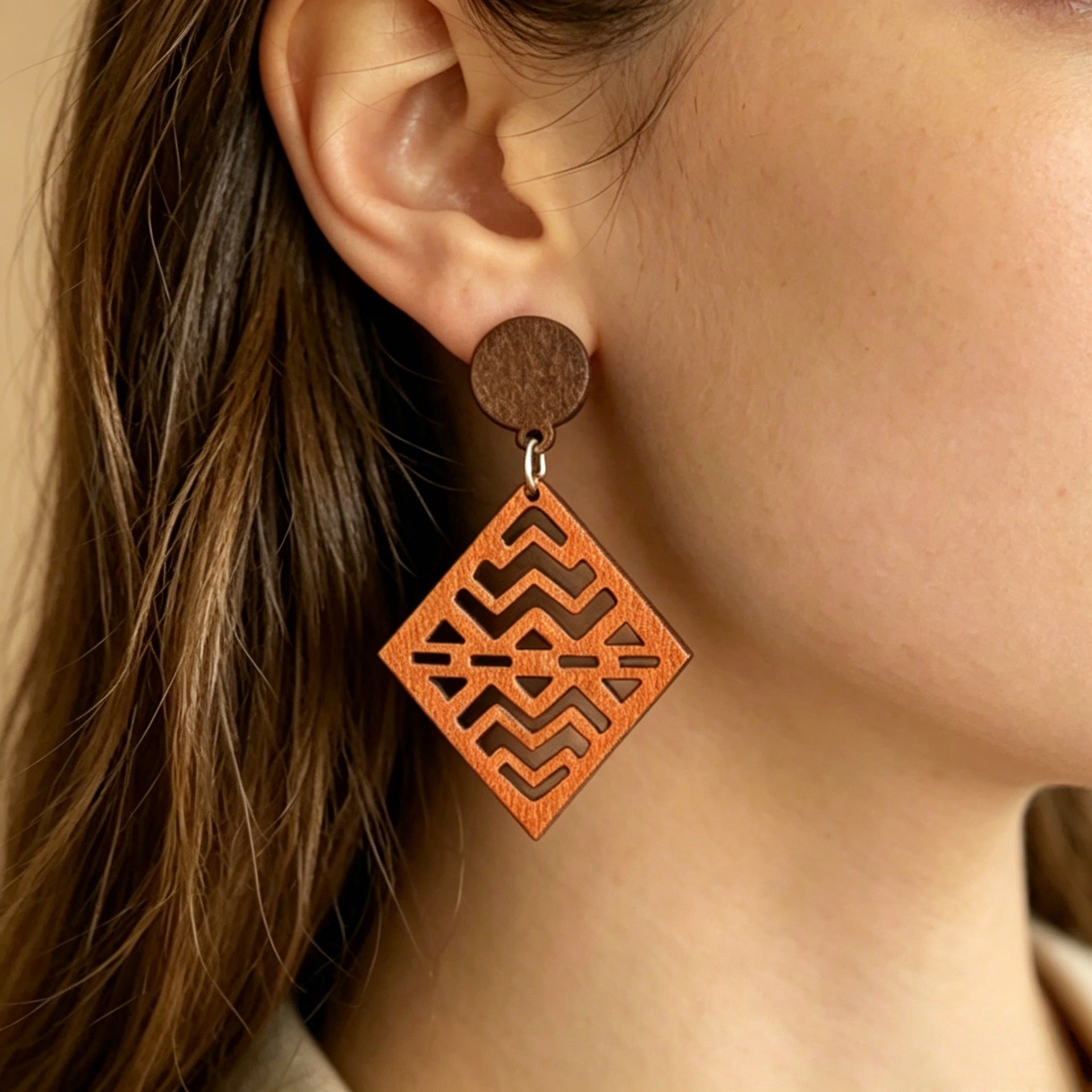 Wholesale Wood Earrings Bohemian Diamond Hollow Wave Pattern Retro Style Gift for Women