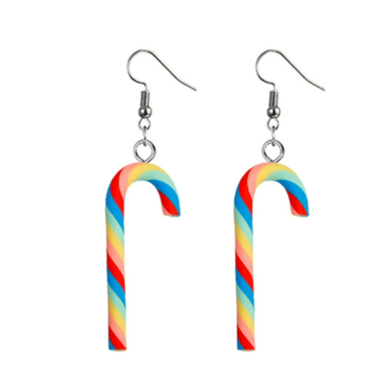 Wholesale simulated polymer clay candy cane Christmas rainbow striped candy earrings