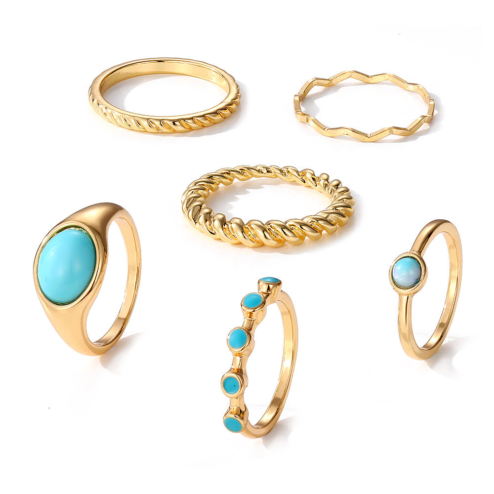 Wholesale  turquoise twist ring 6-piece gold wave knuckle ring
