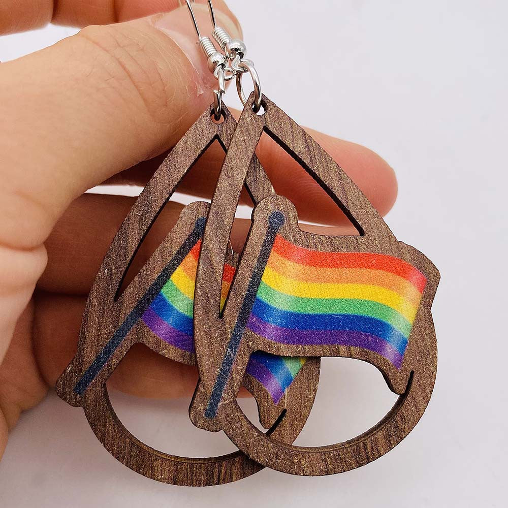 Wholesale Wooden Earrings Rainbow Love Valentine's Day Geometric Earrings