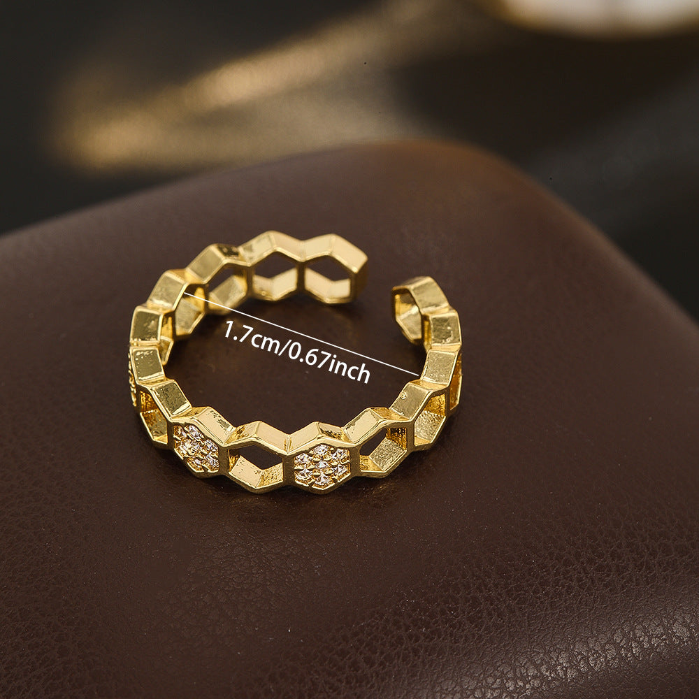 Wholesale Gold Tone Copper Zircon Honeycomb Open Adjustable Ring Chic Everyday Wear Jewelry Accessory