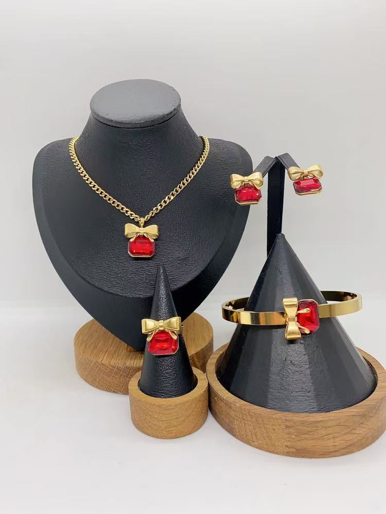 Wholesale Stainless Steel Bow Rhinestone Necklace,  Bracelet,  Earrings,  and Ring Set