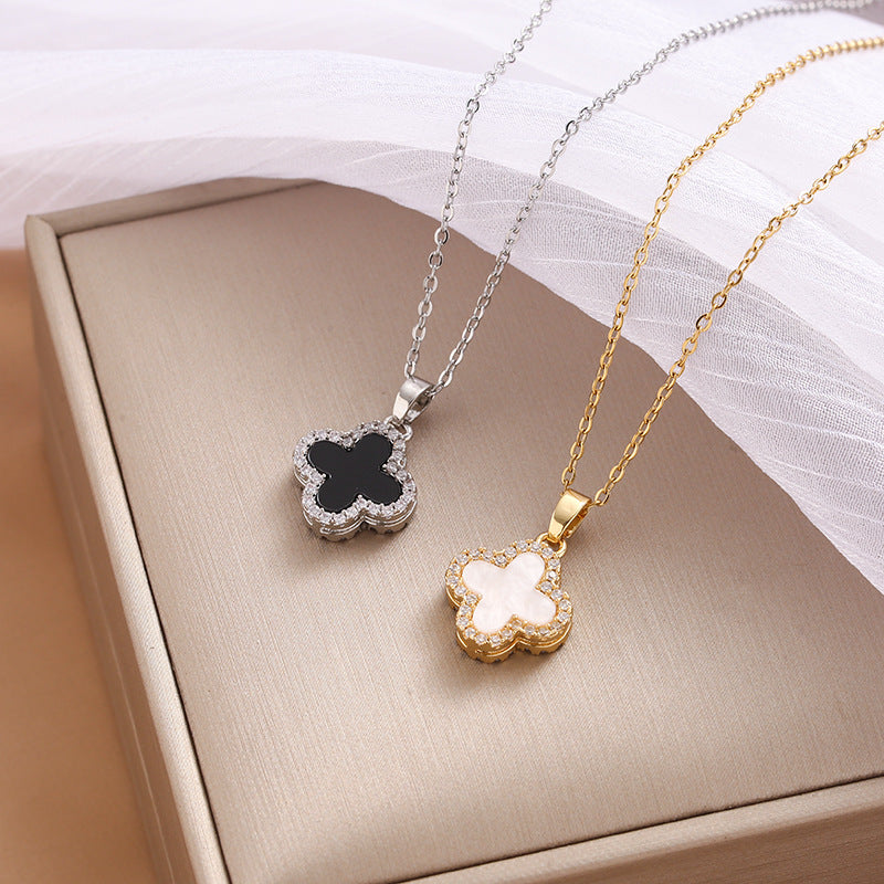 Wholesale Black and White Double-sided Four-leaf Clover Stainless Steel Necklace Light Luxury Necklaces ACC-NE-Nayin003