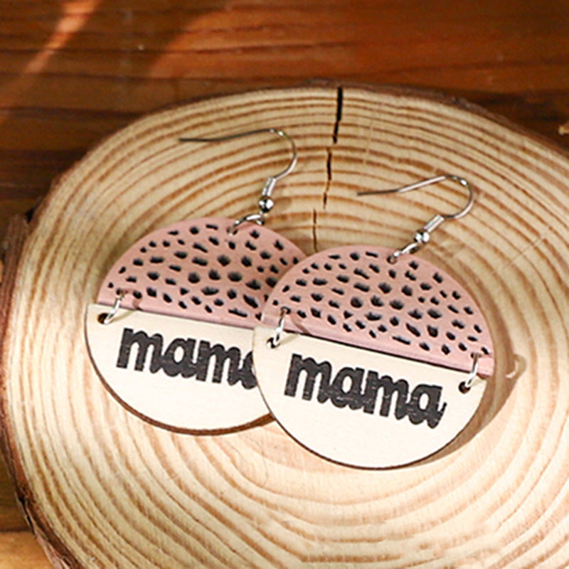 Wholesale Retro Letter Wood Mother's Day Round Ear Drop Earrings