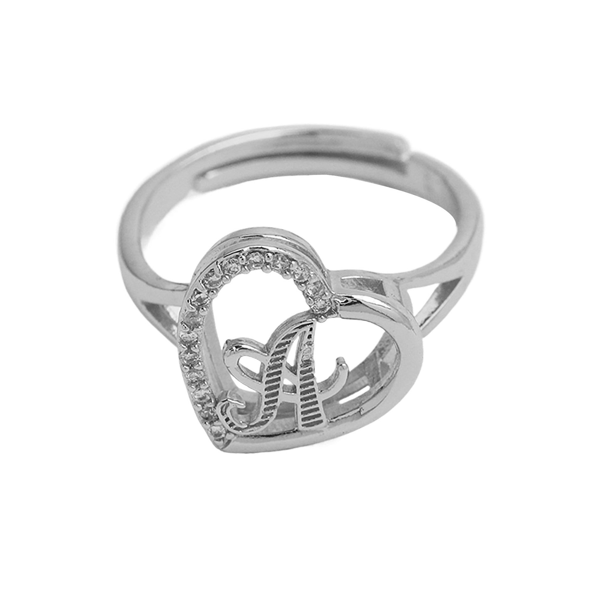 Wholesale  heart-shaped love texture hollow 26 grass English letters open heart ring