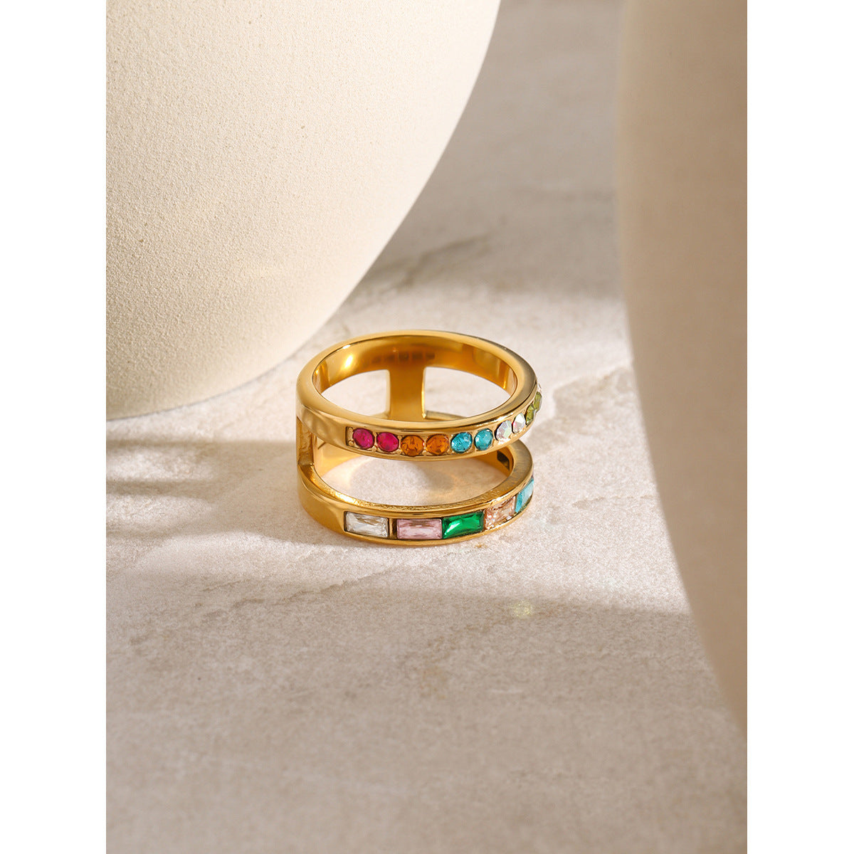 Wholesale 18K Gold Stainless Steel Ring  Double Layer White Round Rectangular Zircon  Ring