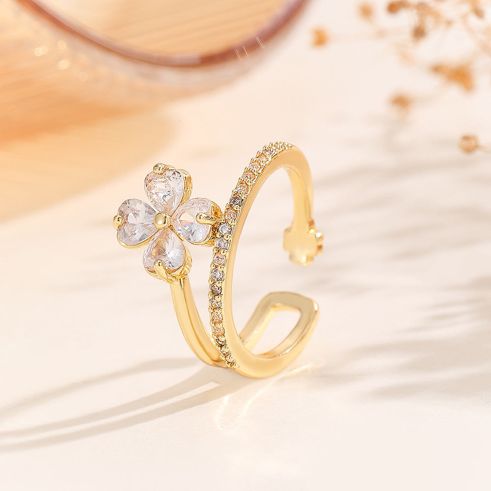 Wholesale Gold Four Leaf Clover Zircon Ring Elegant Fashion Jewelry Accessory For Gift Boutique Resale