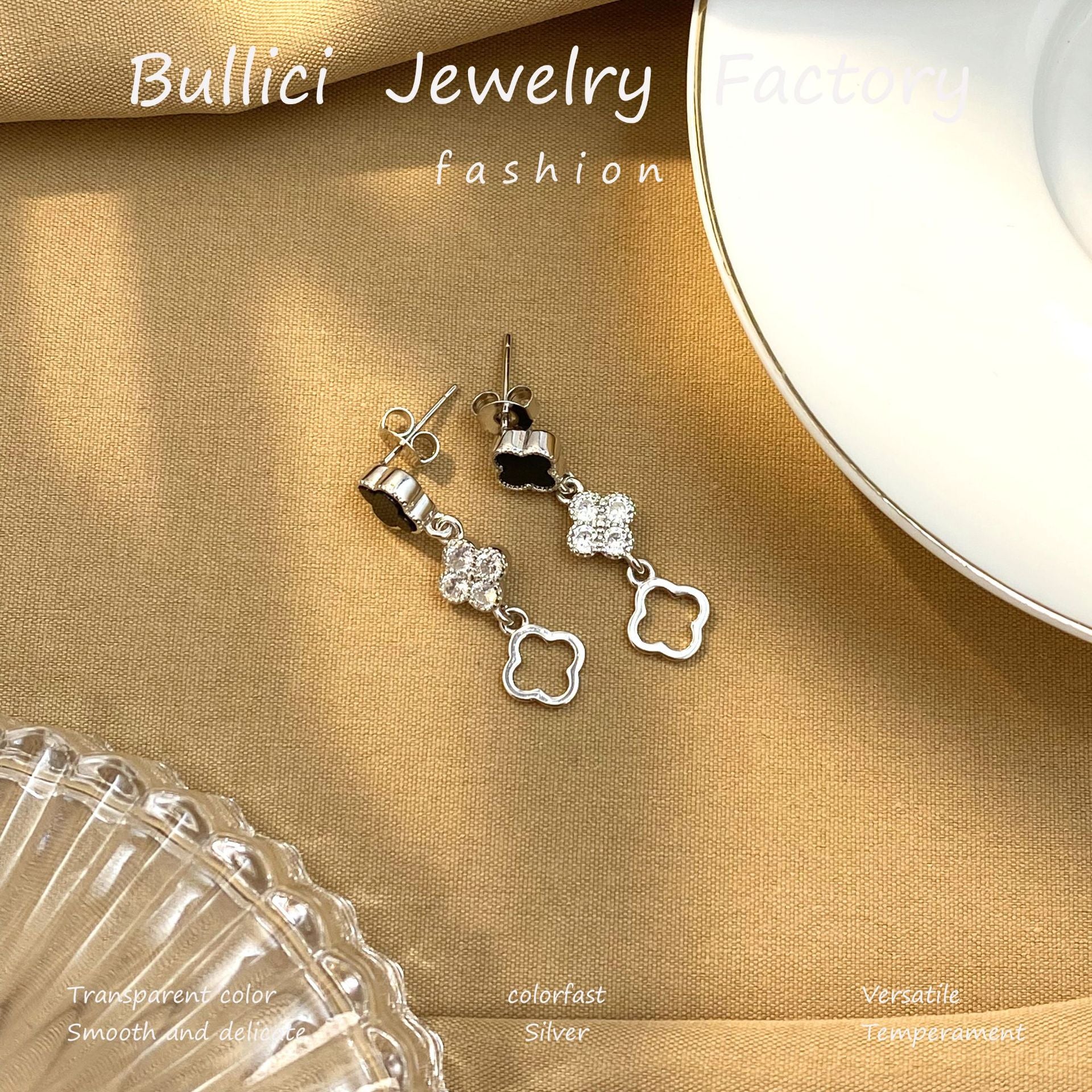 Wholesale  Long Lucky Four-leaf Clover Sterling Silver Earrings