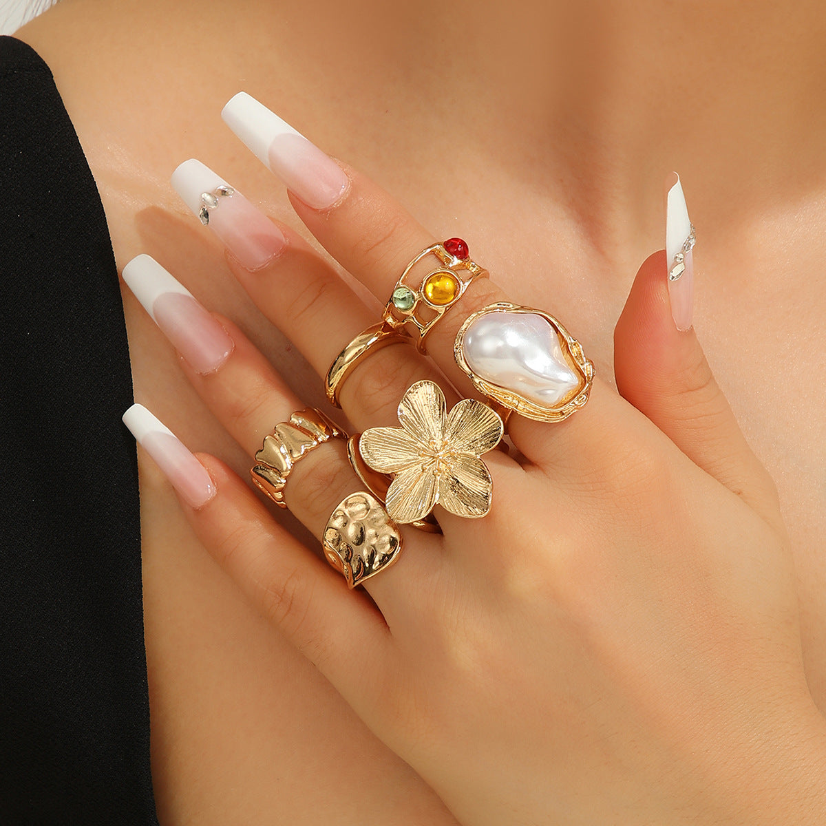 Wholesale Gold Baroque Lava Texture Flower Ring Set For Women Adjustable Wide Band Geometric Shape Everyday Chic Jewelry Accessory
