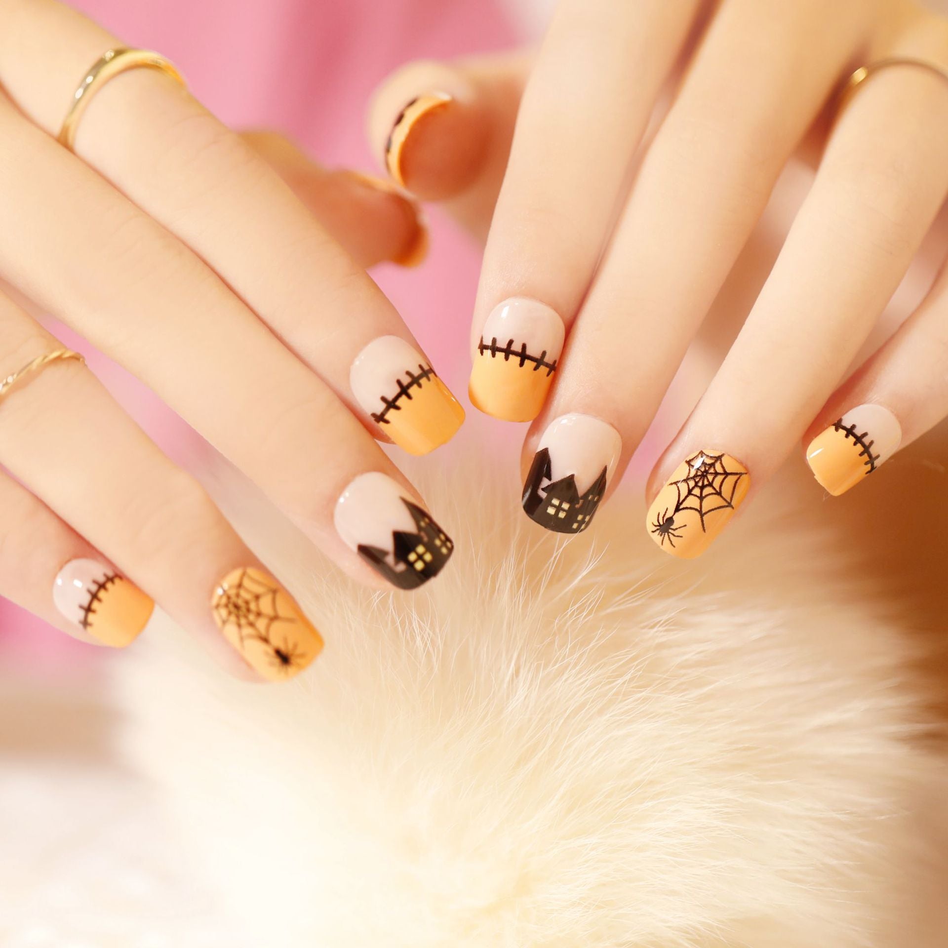 Wholesale 24 Pieces/box Halloween Short Press-on Nails Kits Nail Stickers ACC-NS-LeFan032