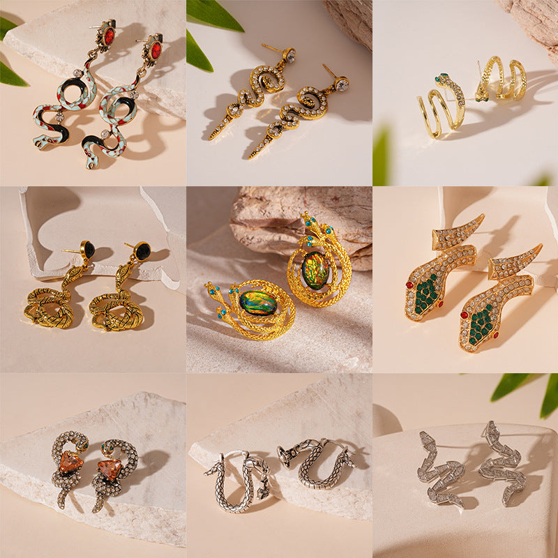 Wholesale Personality Exaggerated Oil Drop Diamond Small Snake Silver Earrings