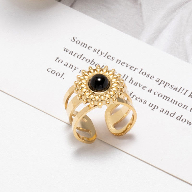 Wholesale natural stone titanium steel ring non-fading retro gold open ring