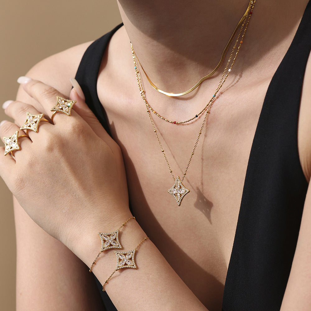 Wholesale Stainless steel  Zircon Rhombus Flower Full Diamond Necklace Bracelet Ring Set
