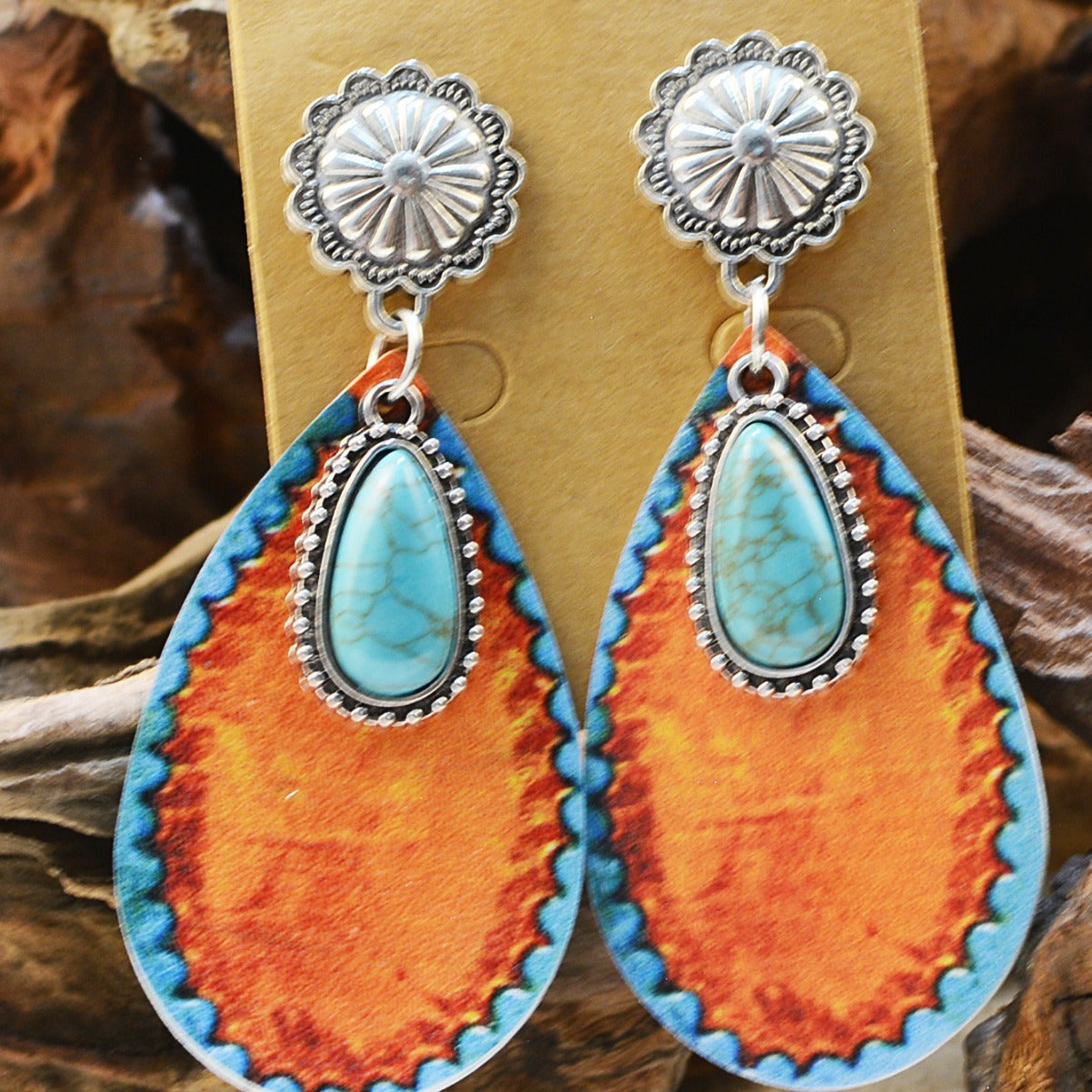 Wholesale Turquoise alloy inlaid Western cowboy earrings