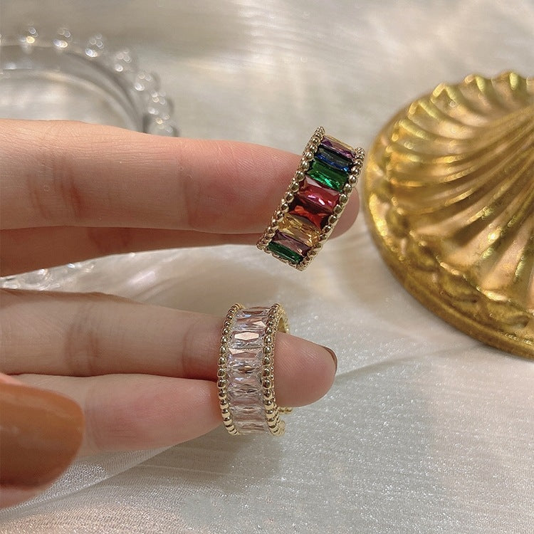 Wholesale Stylish Rainbow Zirconia Open Adjustable Ring Gold Tone Copper Electroplated For Unisex Fashion Jewelry Accessory