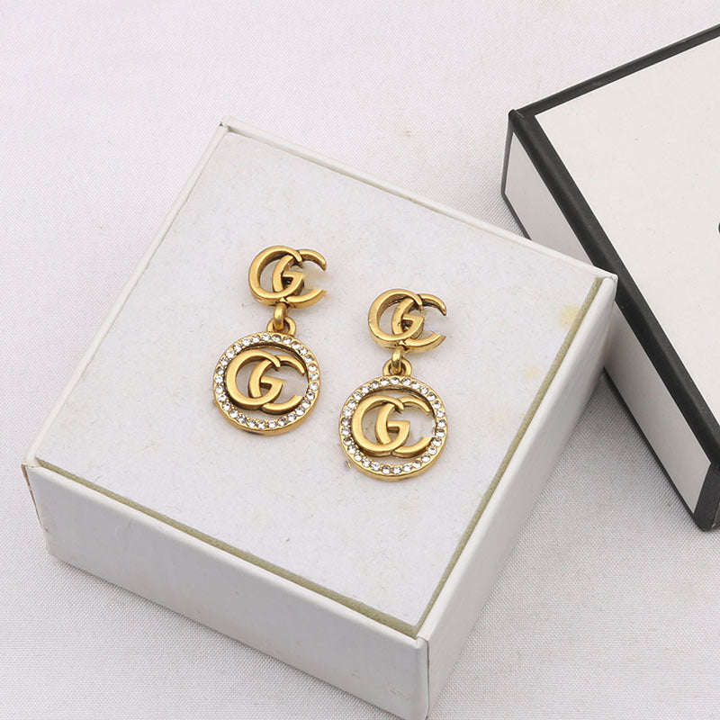 Wholesale Retro European Style Double G Long Circle Earrings Rhinestone Alloy for Women Fashion Accessory