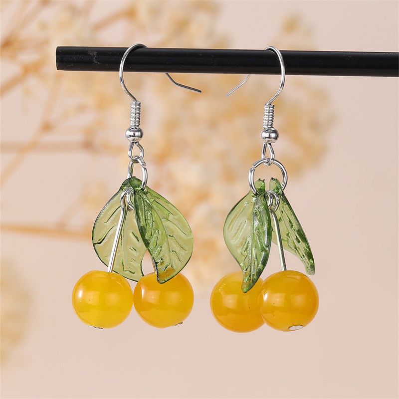 Wholesale Cherry Fruit Pendant Green Leaf Earrings ACC-ES-NZ001