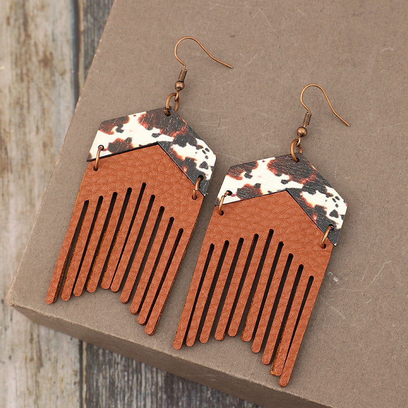 Wholesale Retro Western Style Tassel Pu Leather Stitching Wooden Cow Pattern  Earrings