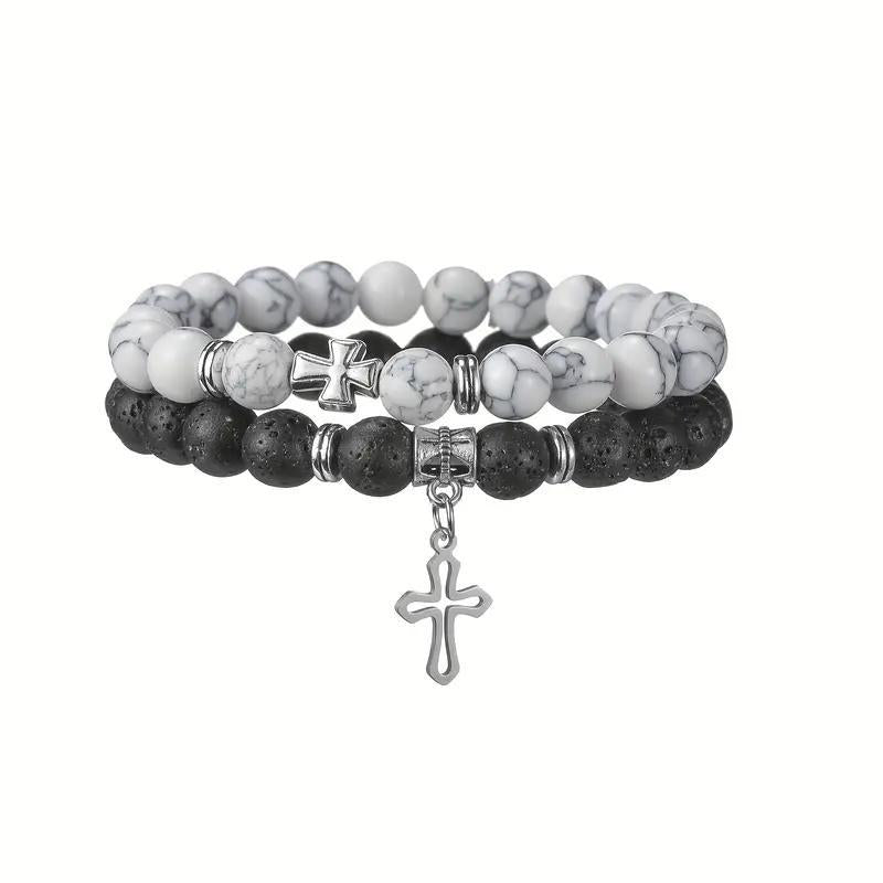 Wholesale Natural Stone Couple Bracelet Set With Cross Pendant Fashion Elastic Bead Bracelets Wedding Gift Boutique Resale