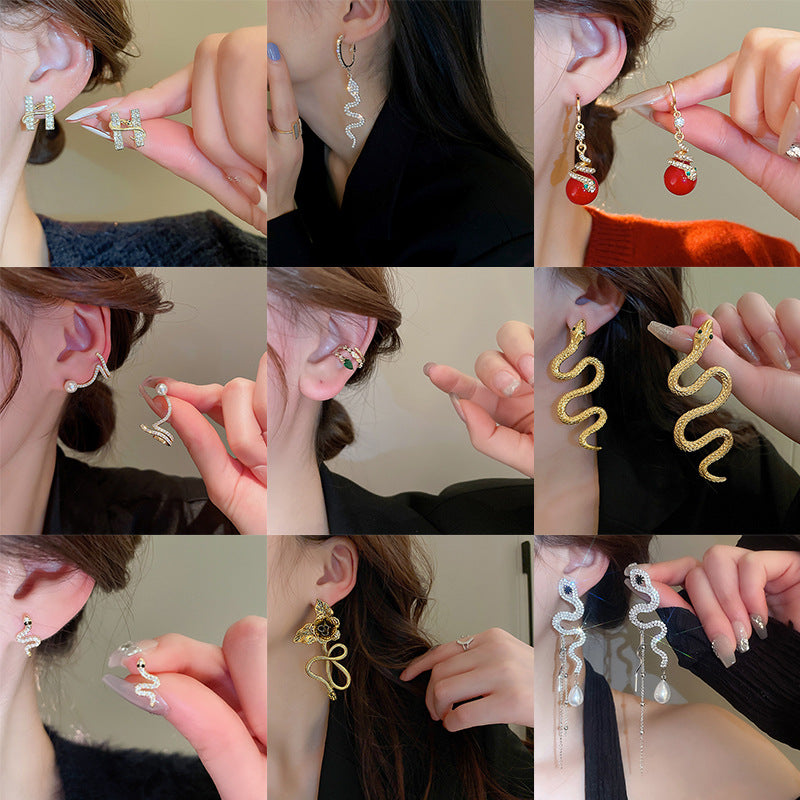 Wholesale Personality Exaggerated Oil Drop Diamond Small Snake Silver Earrings