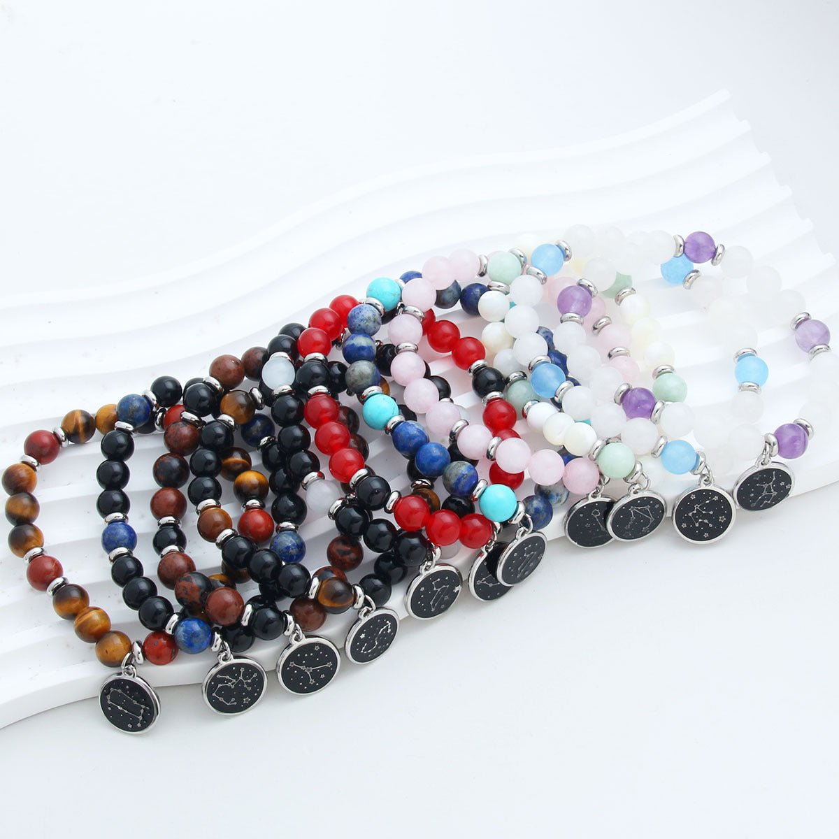 Wholesale 12 Zodiac Round Stainless Steel Bracelets Pendant Natural Stone Beaded Bracelets ACC-BT-HongMing004
