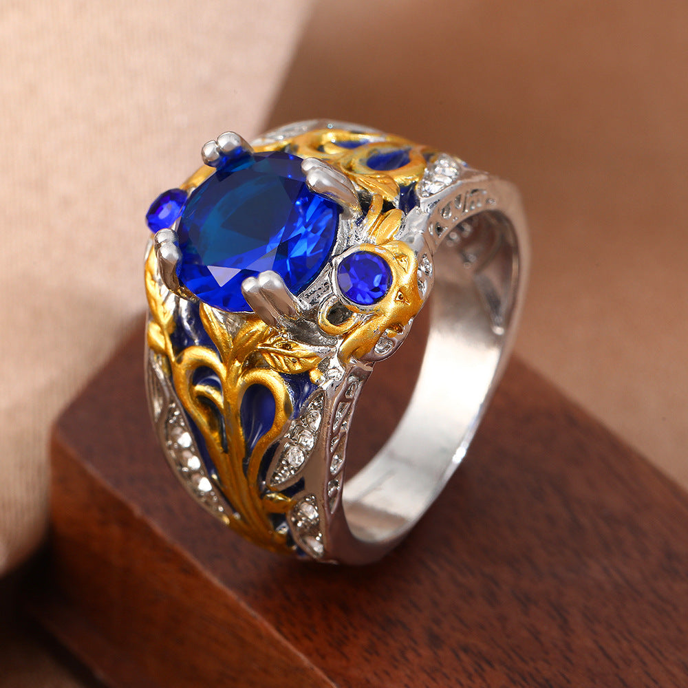 Wholesale Zinc Alloy Electroplated Retro Inlaid Sapphire Ring Jewelry Accessory
