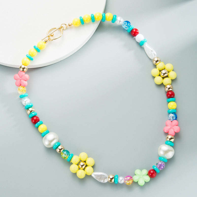 Wholesale  Bohemian ethnic style colorful rice beads  pearl flower necklace