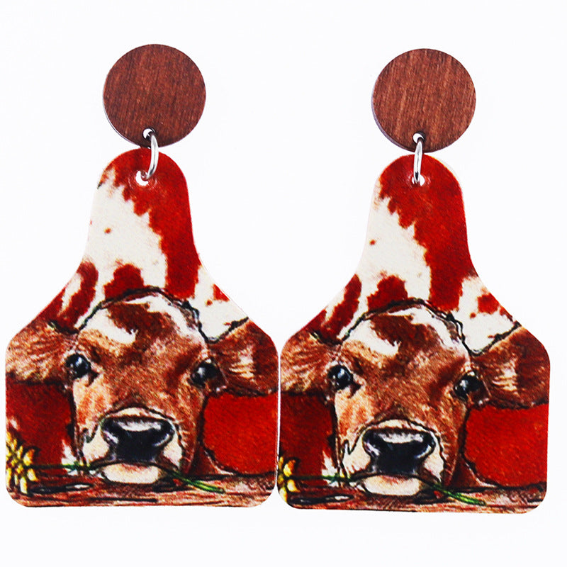 Wholesale Western Old Style Cow Sunflower Leopard Print Leather Bottle Shape Wooden Disc Splicing Earrings