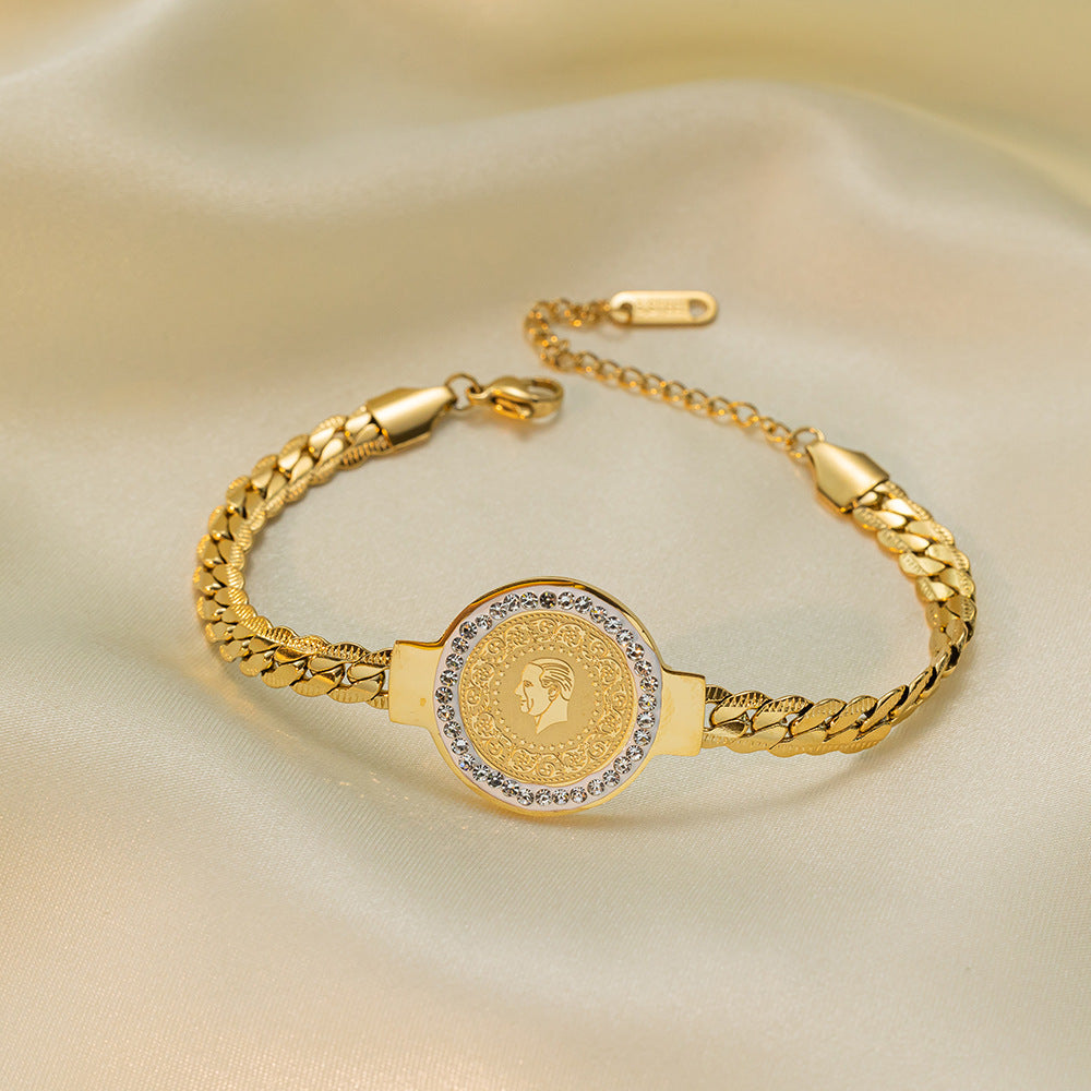 Wholesale Retro Printed Diamond Portrait Round Titanium Steel Necklaces Bracelet Earrings ACC-NE-Qiyun003