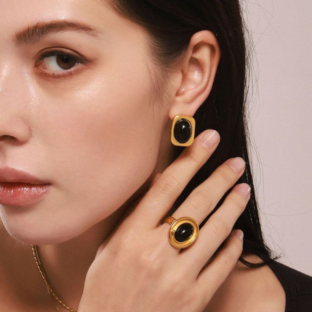 Wholesale Stainless Steel  Natural Black Onyx Earrings Necklace