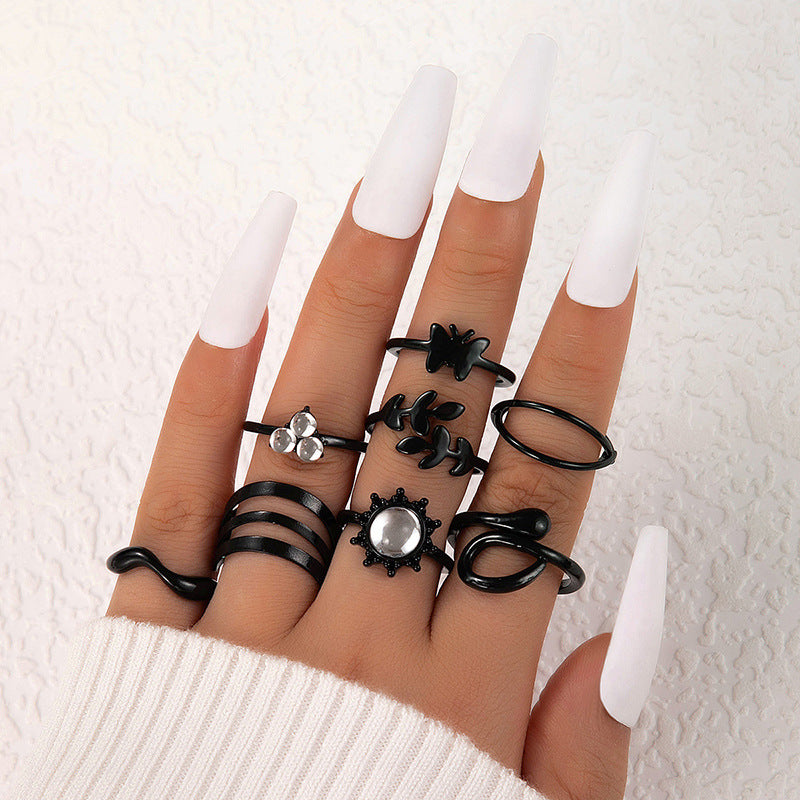 Wholesale Fashion Ring Set Spiral Stacking Black Gemstone Design Alloy Jewelry Accessory for Everyday Wear