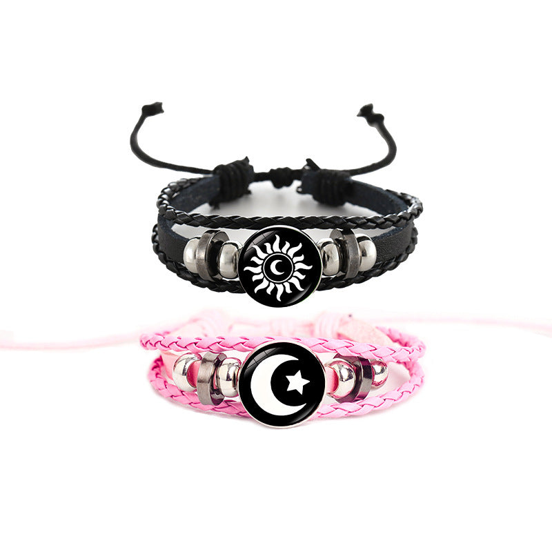 Wholesale Sun and Moon Lovers Retro Punk Multi-layer Beaded Braided Leather Bracelet