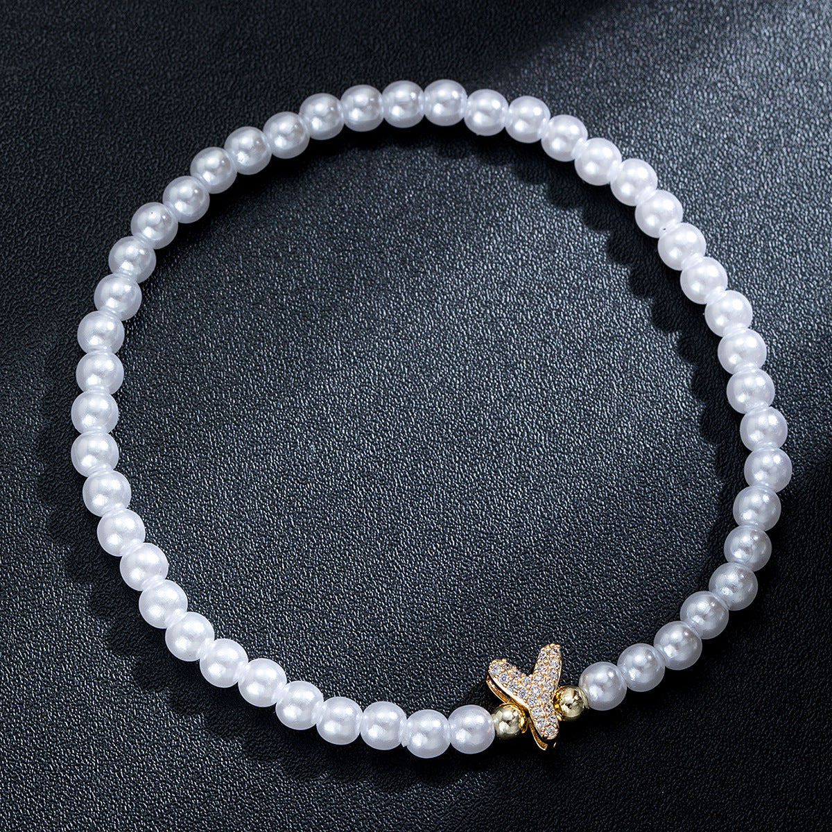 Wholesale Brass inlaid zirconium letter pearl beaded elastic anklet