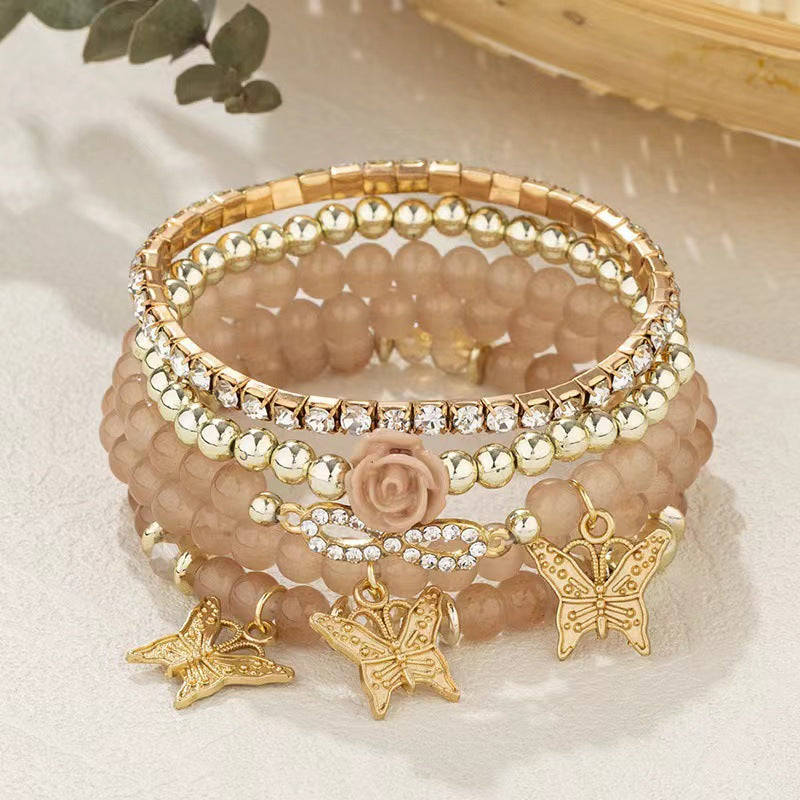 Wholesale Bohemian Multi-layer Rose Butterfly Diamond Elastic Beaded Bracelet ACC-BT-FengLi005