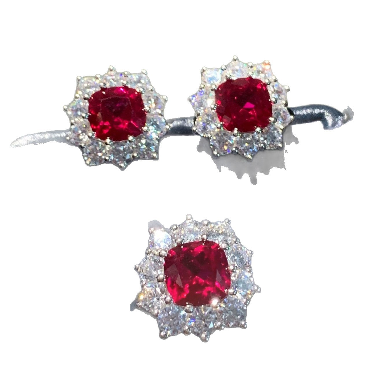 Wholesale Simulated Red Tourmaline Open Ring for Women,  Main Square Fashion Stud Earrings Jewelry Set