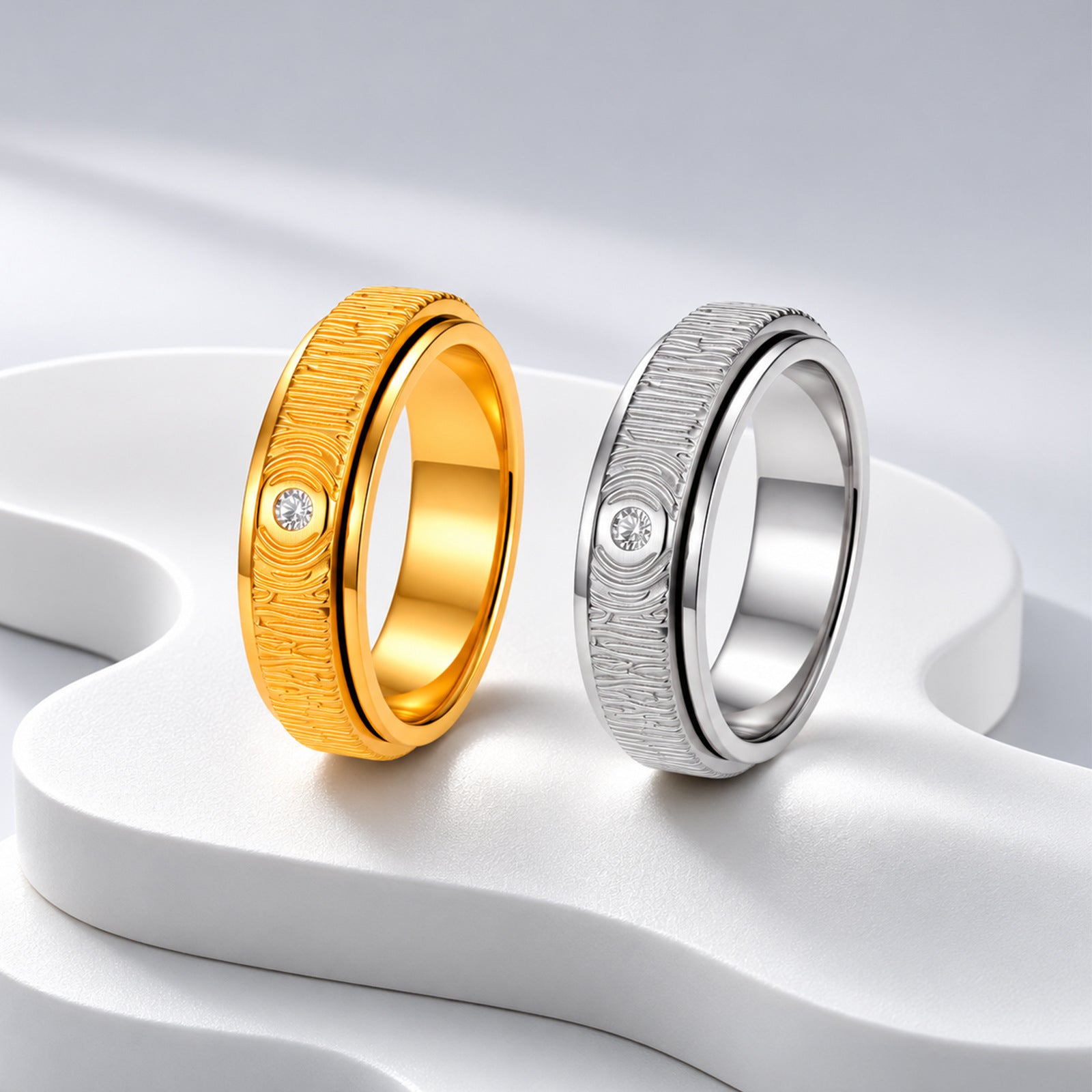 Wholesale Vintage Wood Grain Rotatable Ring Stainless Steel Gold Plating Fashion Jewelry Accessory