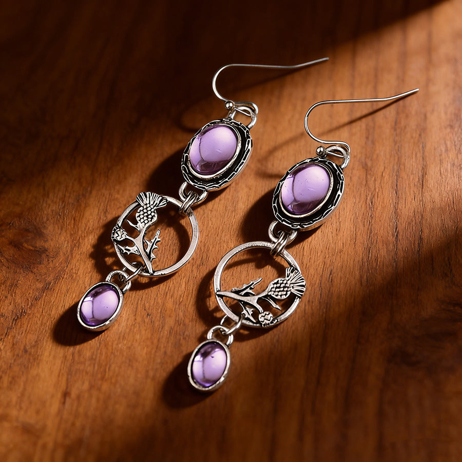 Wholesale European and American Fashion Noble and Mysterious Purple Gemstone Pendant Geometric Branch Circle Earrings Elegant Vintage Earrings