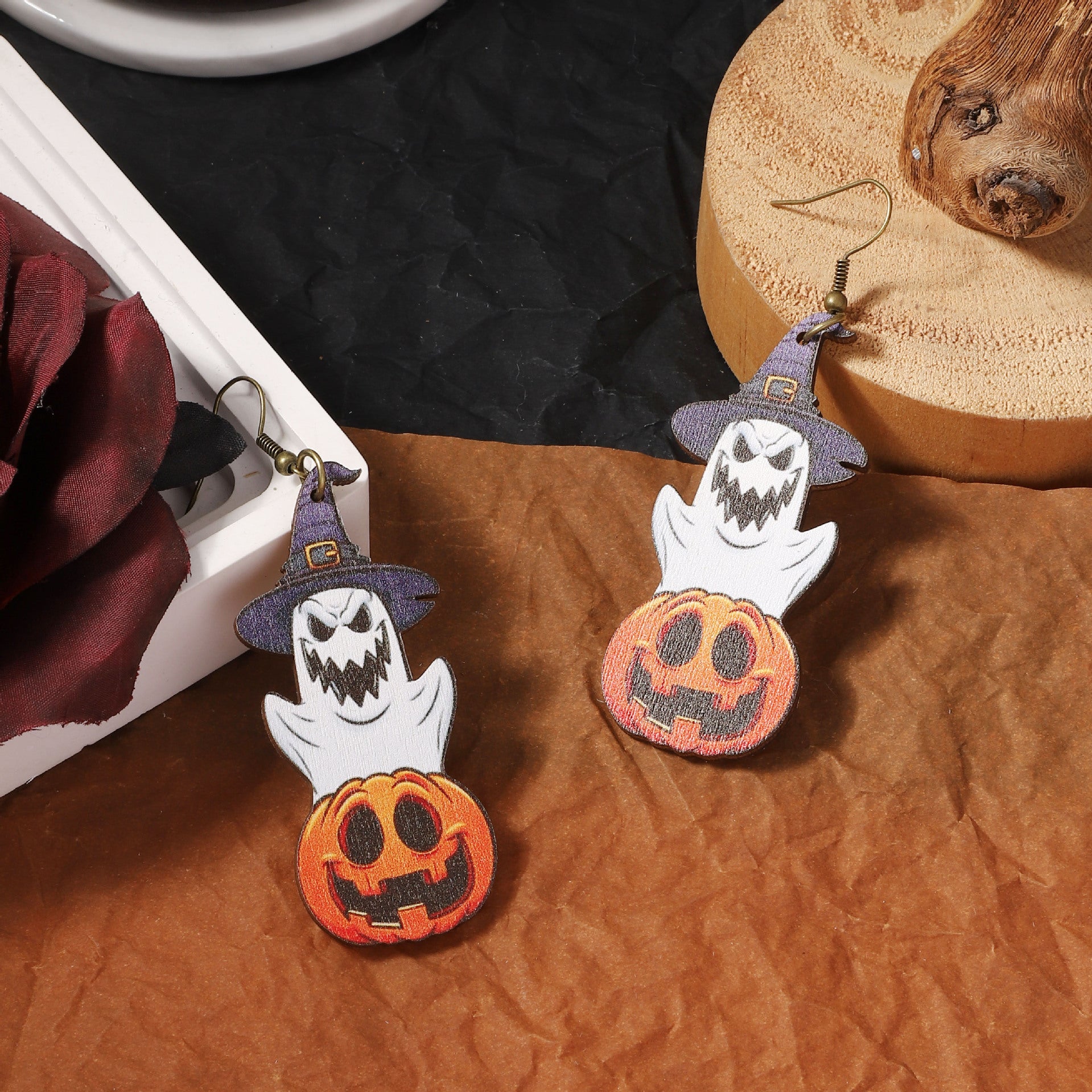 Wholesale  Wooden Printed Ghost Pumpkin Earrings
