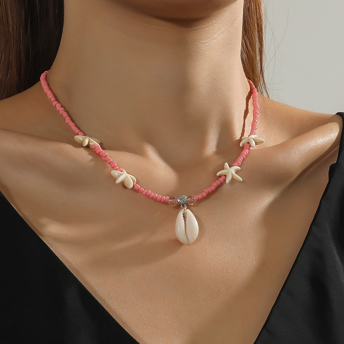 Wholesale Summer Bohemian Resort Style Shell Pendant Turquoise Starfish Rice Bead Necklace ACC-NE-Linlu002