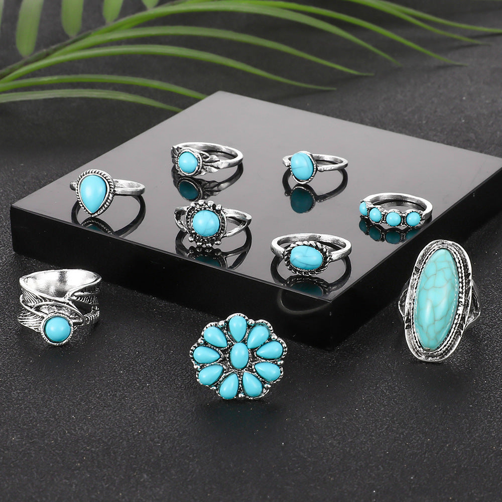 Wholesale Vintage Bohemian Feather Turquoise Hollow Ring Set 9 Pieces Fashion Jewelry Accessory for Everyday Wear Gift