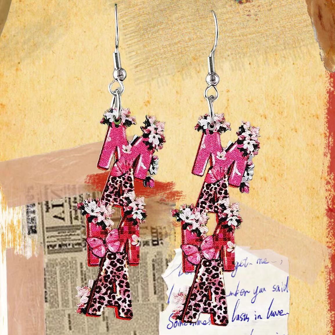 Wholesale Mother's Day MAMA leopard print wooden earrings ACC-ES-AnDao004