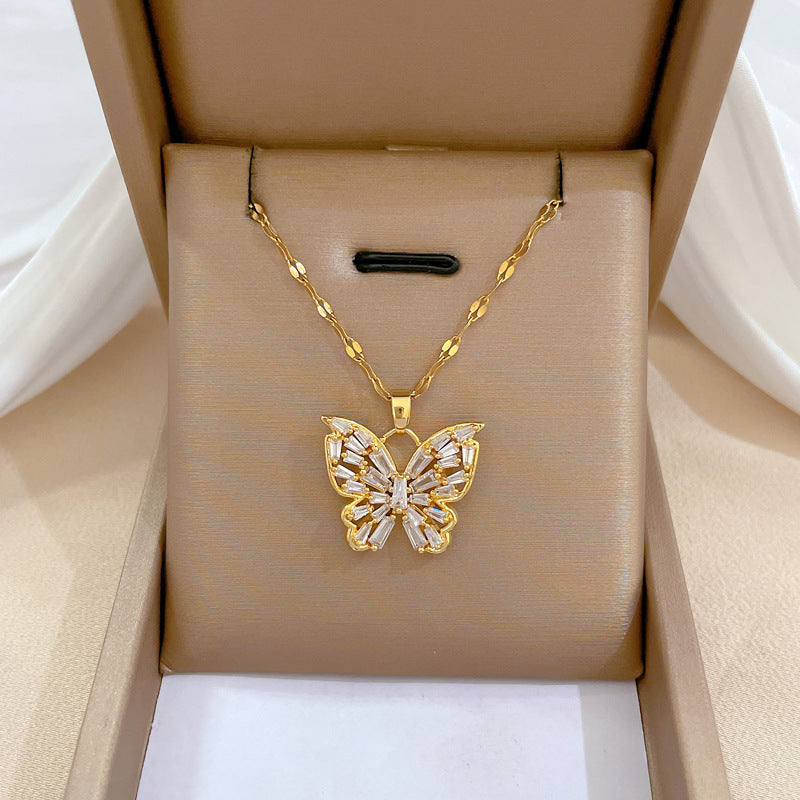 Wholesale Stainless Steel Rhinestone Butterfly Clavicle Chain Necklace for Women Trendy Layering Jewelry Gift