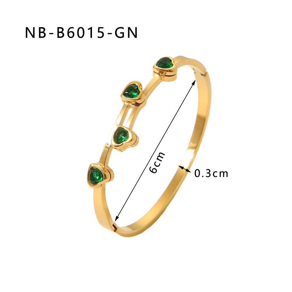 Wholesale stainless steel heart-shaped colorful zircon inlaid white sea shell 18K gold bracelet