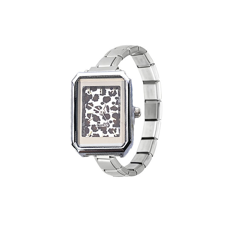 Wholesale Cross-Border Fashion Silver Leopard Print Italian Modular Quartz Watch with Stainless Steel Band,  Unisex DIY Watch Head