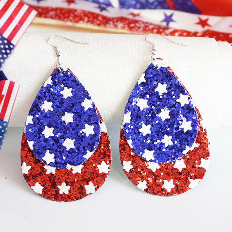 Wholesale 2 Pairs/pack American Independence Day Shiny Teardrop Shaped Leather Earrings ACC-ES-HY057