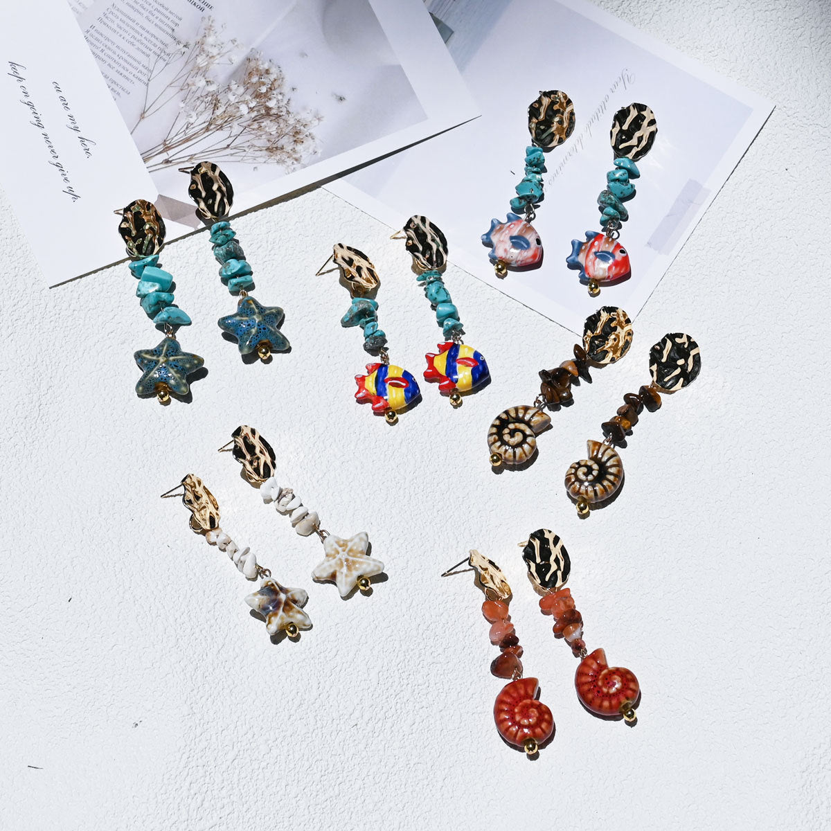 Wholesale  Natural Stone Starfish Conch Clownfish Earrings