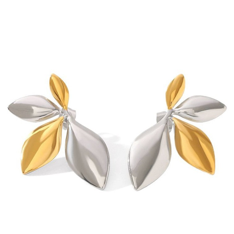 Wholesale  Stainless Steel Gold and Silver Colorblock Leaf-shaped Earrings
